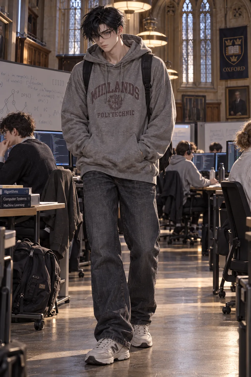 A tall young man in a baggy grey Midlands Polytechnic hoodie, heavy black glasses and a backpack stands slouched with his hands in his pockets in a vaulted Oxford computer room.