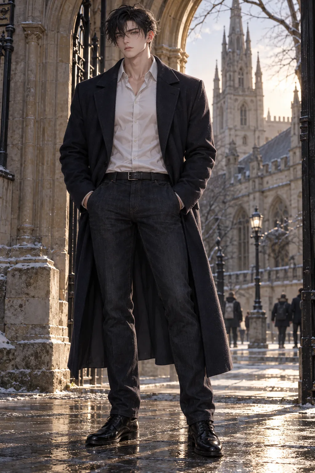 A tall young man with black hair, in a long dark overcoat, white shirt and dark jeans, stands upright under a stone gateway on a bright winter street, towers behind him.