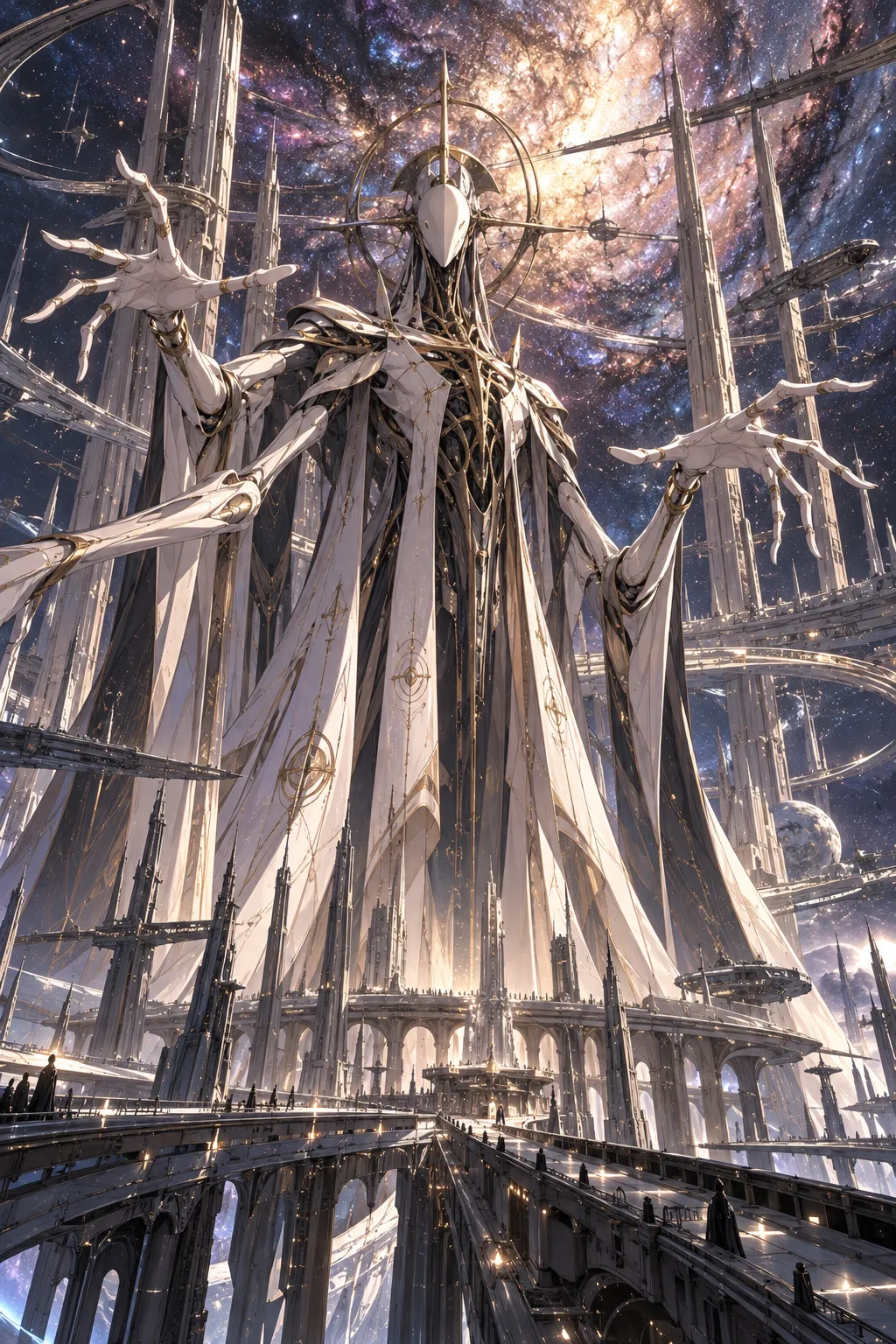 A towering pale figure in white robes, with long many-jointed hands and an eyeless porcelain mask for a face, stands among vast spires in deep space, a halo of spikes behind its head.
