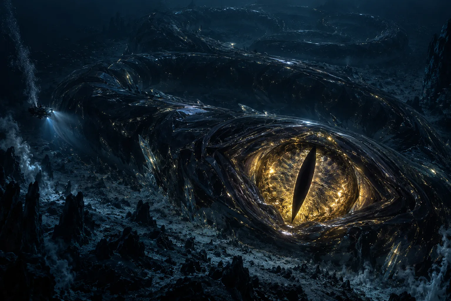 Far below the sea, a colossal dark coiled body lies across the ocean floor; at its centre a vast gold eye with a black slit is opening, and a tiny light hangs in the water beside it.