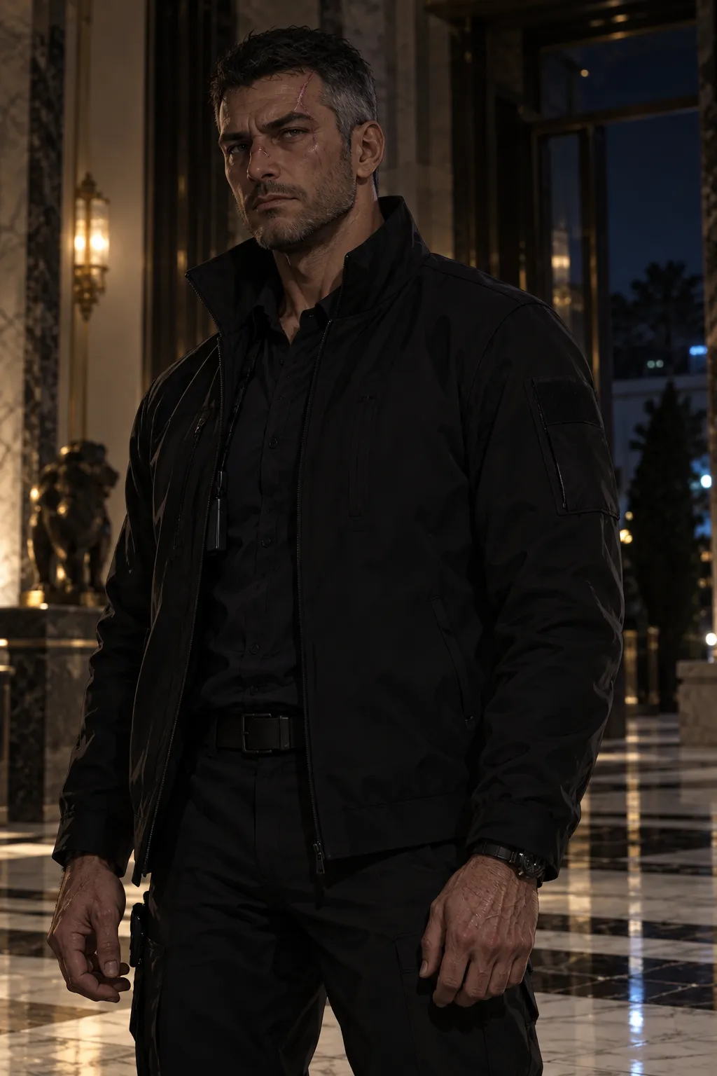 A grey-haired man with a scarred, tired face, in a black jacket, stands in a marble hall at night.
