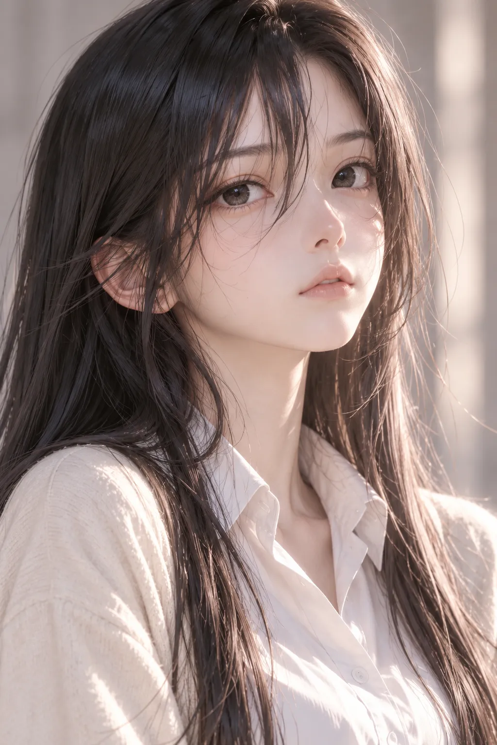 A young woman with long straight black hair and very dark eyes, in a white blouse and a pale cardigan, looks up past the viewer in soft light, with nothing on her face at all.