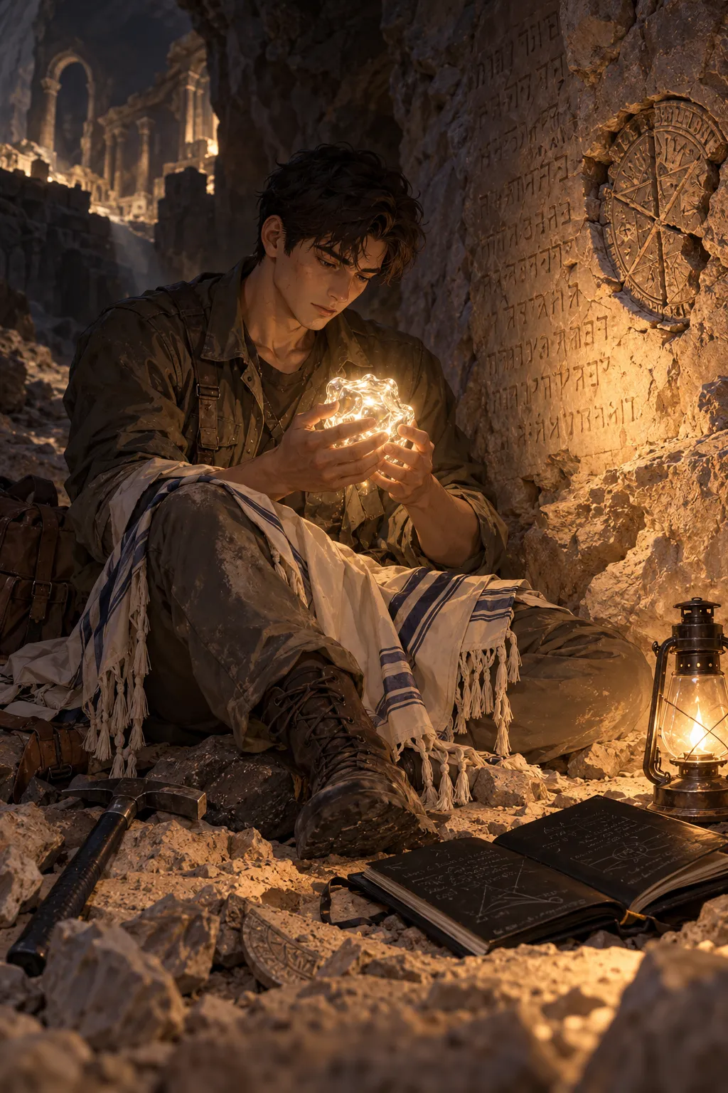 A young man sits on the floor of a cave by lamplight, a prayer shawl round his shoulders, holding a glowing white object in both hands; carved inscriptions cover the rock wall beside him.