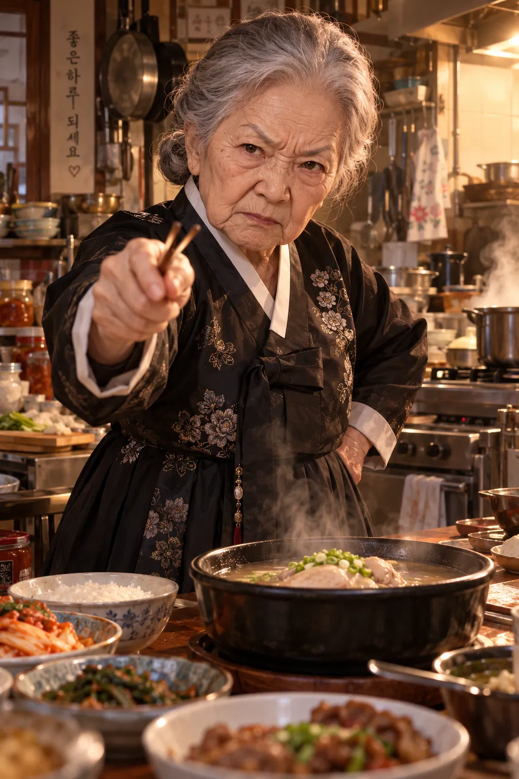 A small elderly Korean woman in a black hanbok points her chopsticks sternly across a kitchen table crowded with dishes and a steaming pot.
