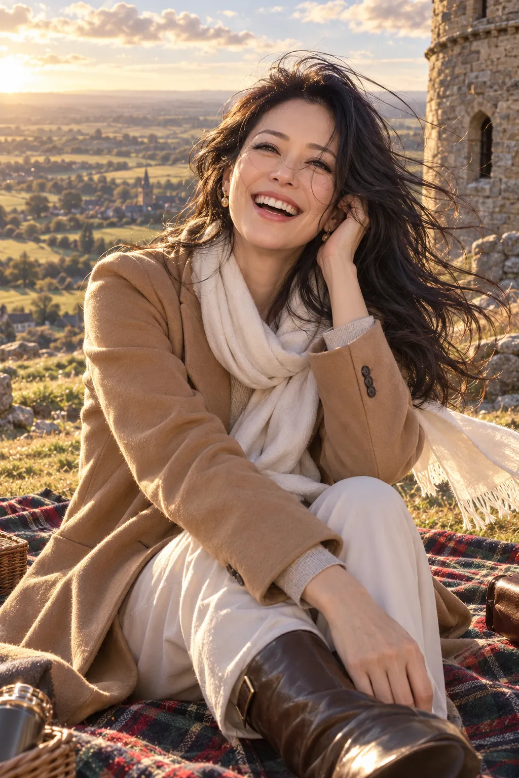 A laughing woman with long dark hair blowing across her face sits on a tartan rug on a hilltop beside an old stone tower, the countryside golden below.
