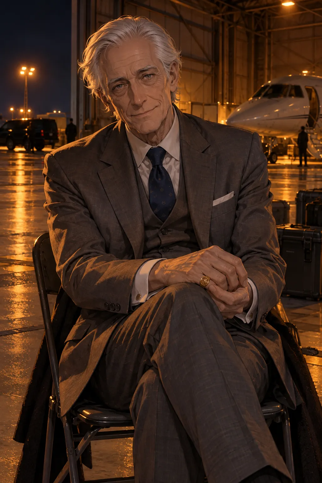 A slim white-haired old man in a grey suit and dark blue tie sits on a folding chair in a hangar at night, hands clasped, a gold signet ring on his finger, a private jet behind him.