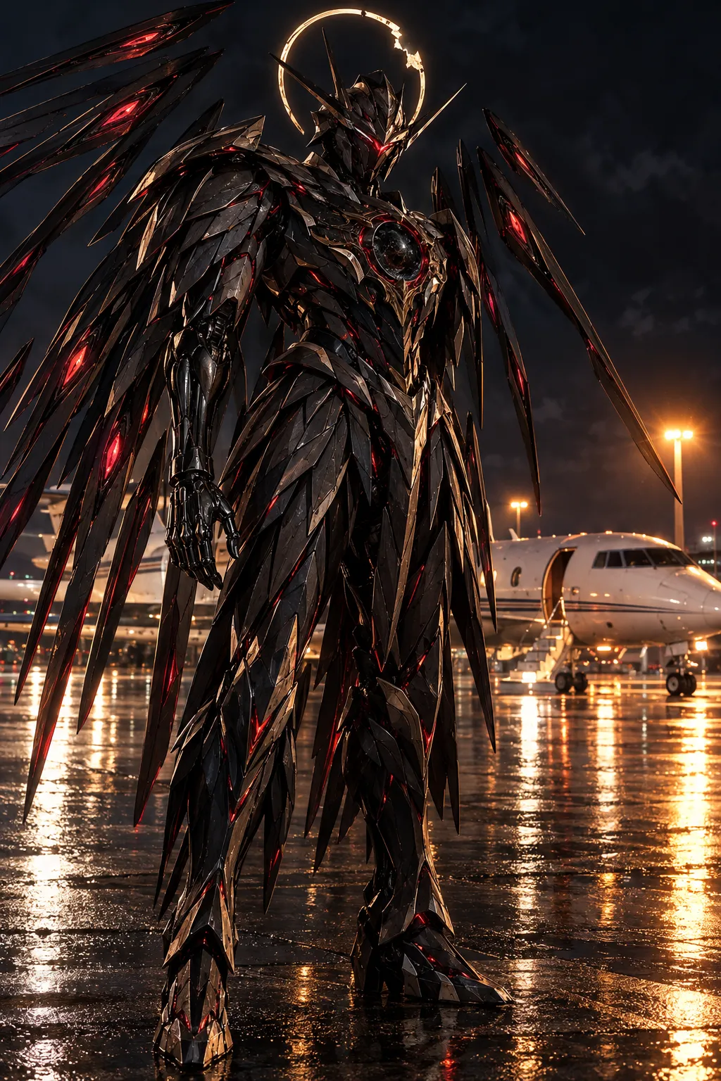 On a wet airport apron at night stands a black machine layered like feathers, with red-glowing seams, a broken ring of light behind its crowned head and a clawed hand of black metal; a white private jet waits behind it.