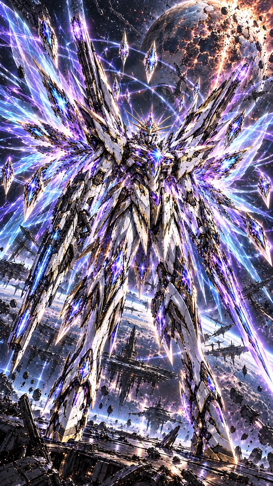 A white, gold and violet machine with vast wings of crystal blades hangs in space above a cratered world, surrounded by rings of light.