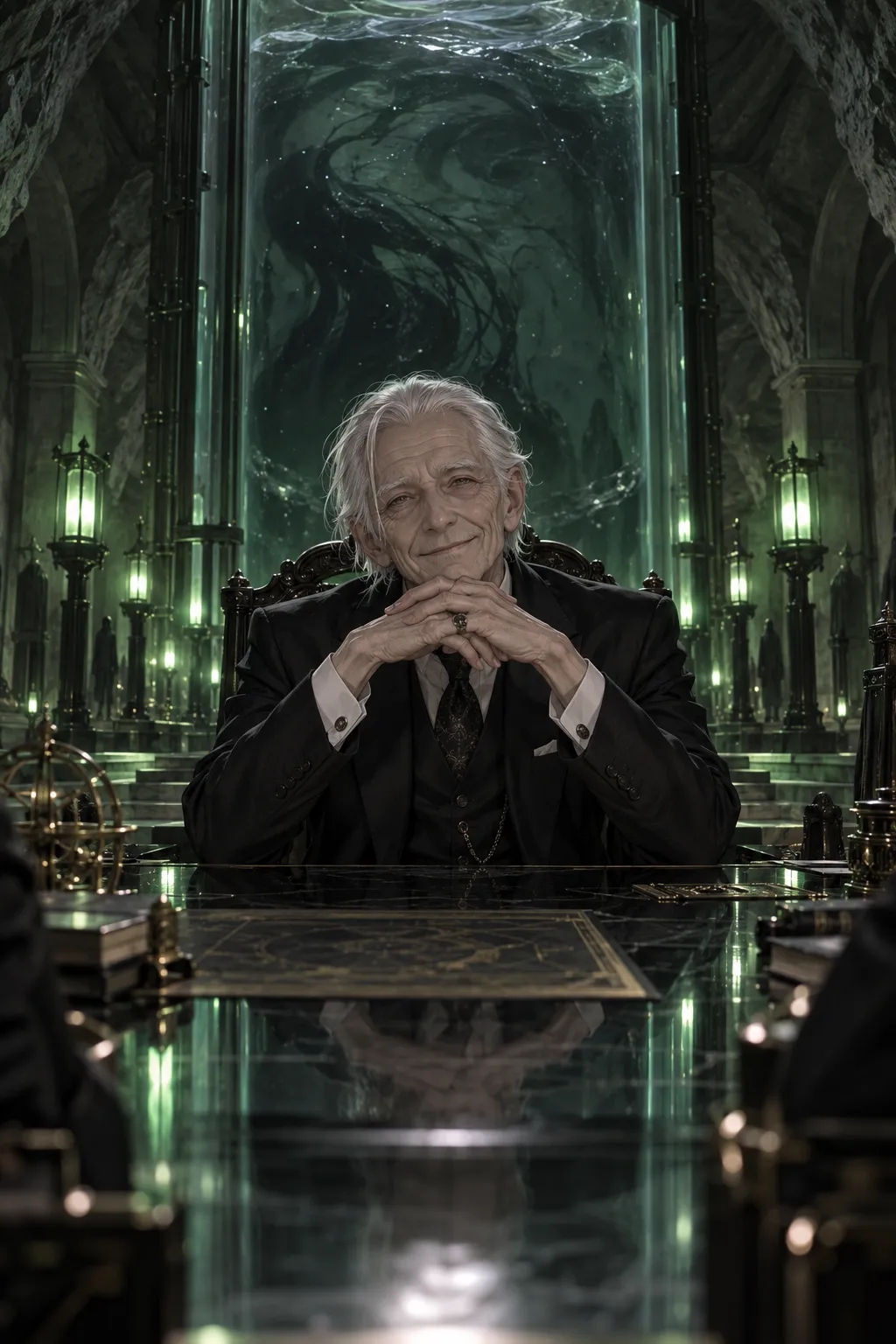 An old white-haired man in a black suit smiles at the head of a long black-glass table, hands folded, green lamps burning and a great tank of dark moving water behind him.