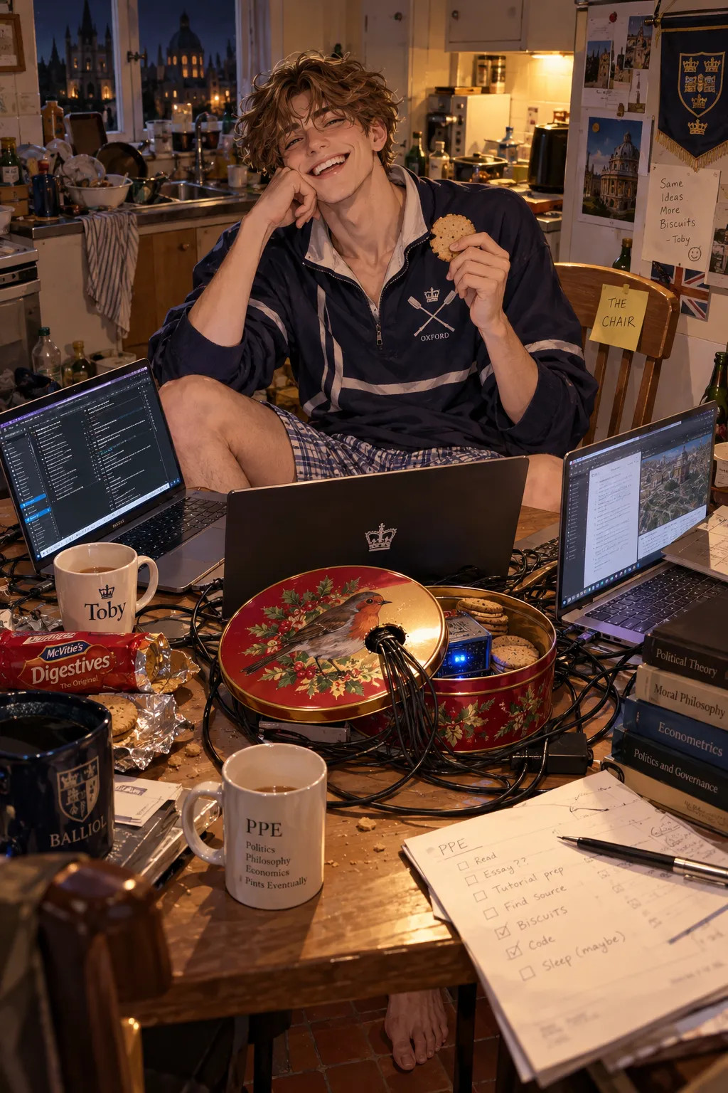 A grinning young man with curly hair and glasses sits at a cluttered kitchen table with three laptops, mugs, a packet of digestives and a red-and-gold robin biscuit tin wired with cables; a note on the wall reads THE CHAIR.