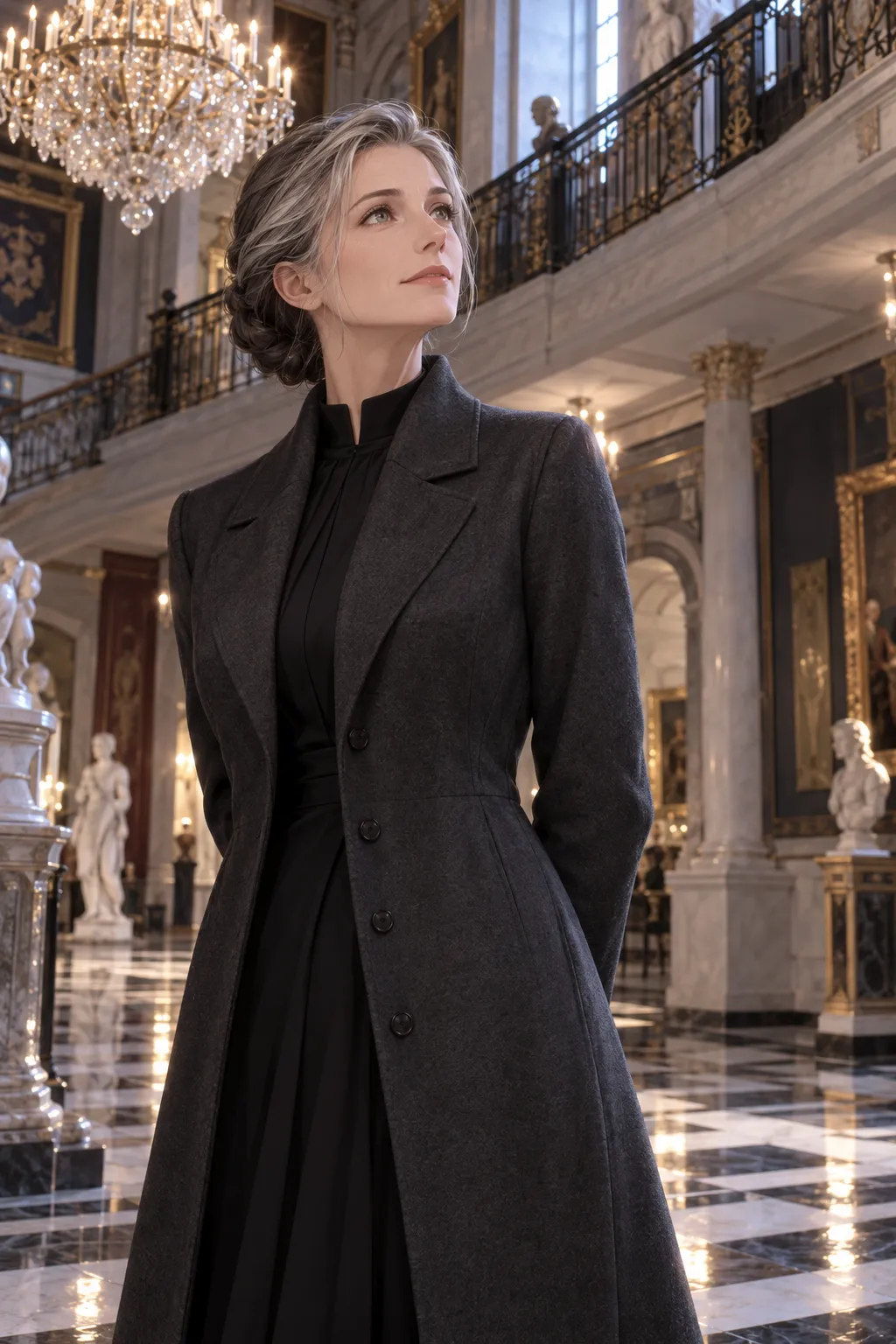 A slim, upright woman in her fifties with grey-streaked hair drawn back, in a dark grey coat over a dark dress, stands on a black-and-white marble floor under chandeliers, looking up.