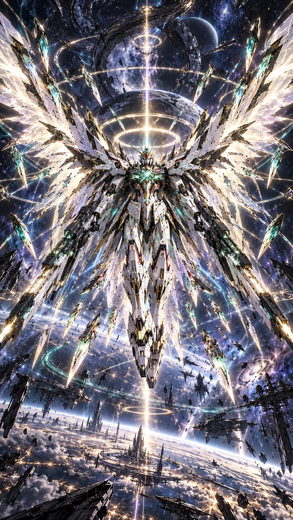 A white and gold mobile suit with vast crystalline wings and a halo of light hangs above a planet, surrounded by green-cored blades and drifting warships.