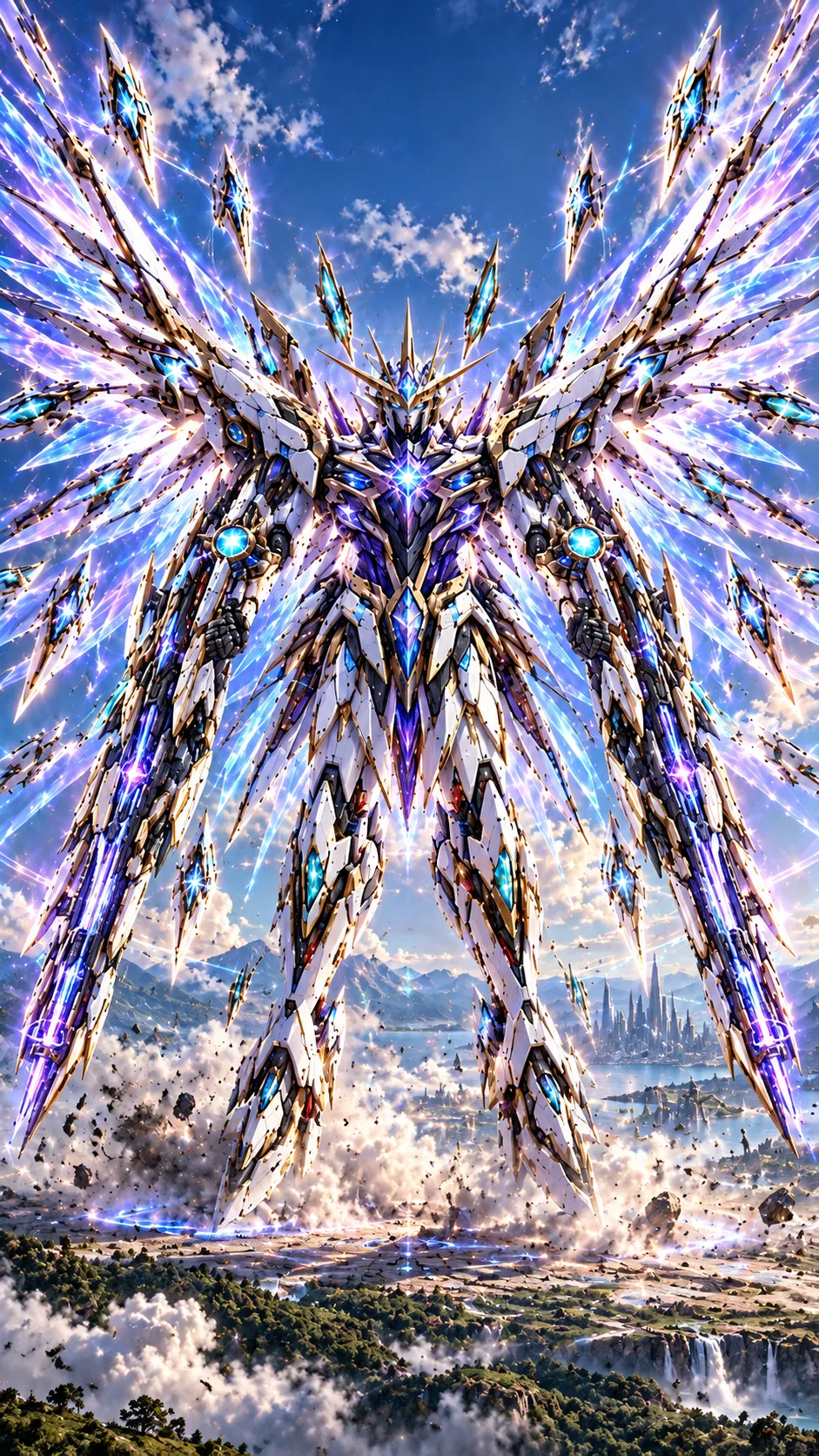 A towering white, gold and violet mobile suit with vast crystal wings stands on a cloud-ringed plateau above waterfalls, a city of spires in the distance.