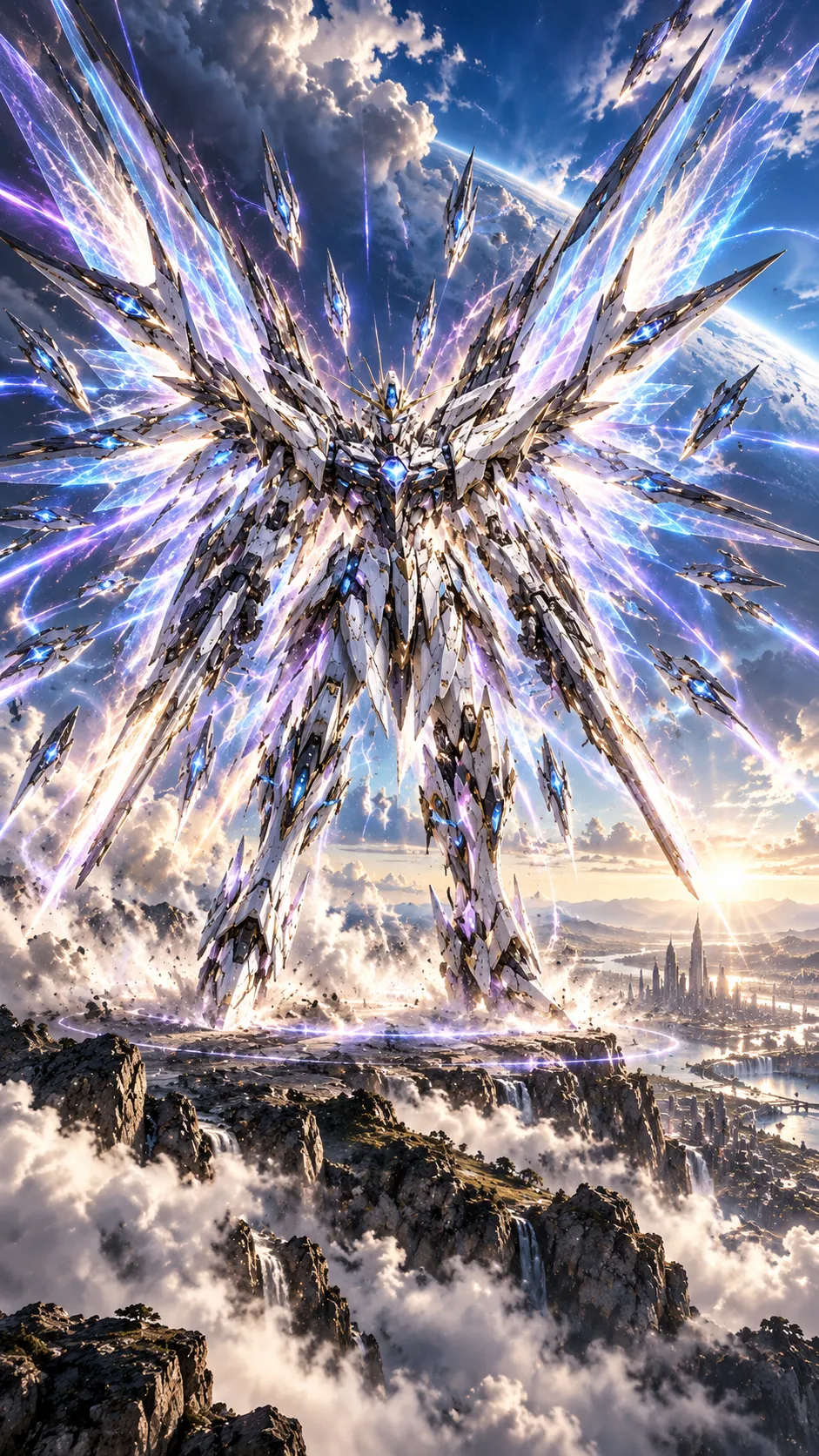 A colossal white mobile suit with blue-violet crystal wings stands on sea cliffs above a sea of cloud at sunset, a town by a river behind it.