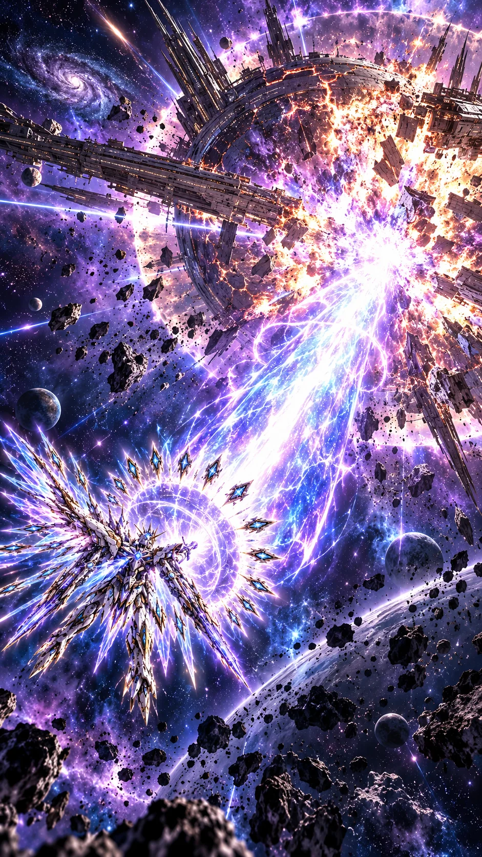 In deep space above the curve of a planet, a winged white, gold and violet machine wreathed in a halo of crystal blades fires a torrent of blue-violet light into a vast spired structure that is breaking apart in fire, with drifting rock and a spiral galaxy beyond.