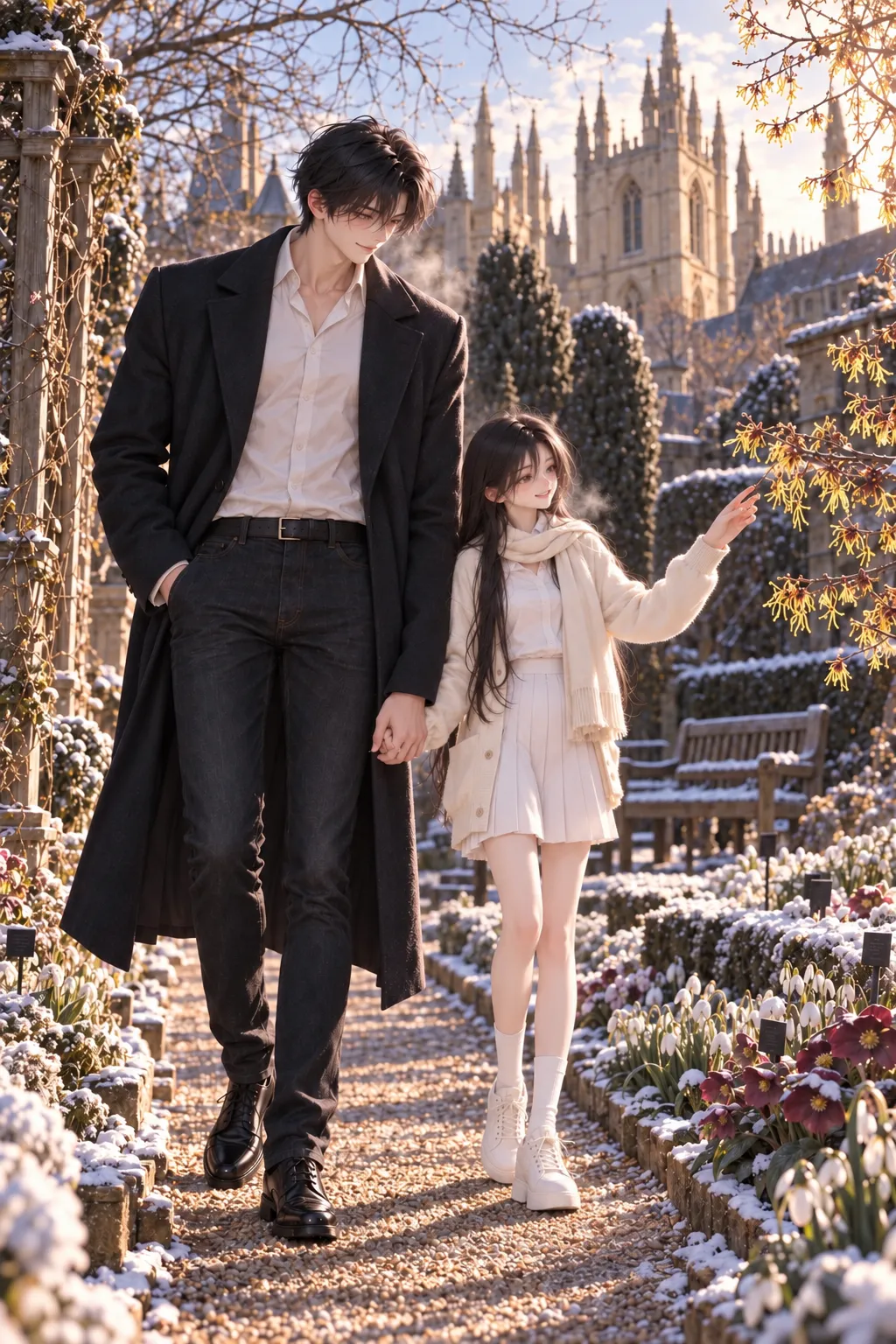 A tall young man in a dark overcoat and a small girl in a cream coat and scarf, white skirt and white shoes walk hand in hand down a frosted garden path in low gold sunlight; she points ahead at the flowers, college towers behind.