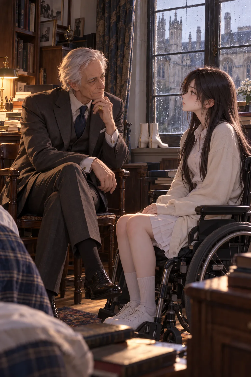 In a book-lined college room on a rainy afternoon, a slim white-haired old man in a grey suit sits in a wooden chair, chin on his hand, smiling at a small girl with long black hair in a white cardigan who sits in a wheelchair facing him; on the windowsill behind them stands a pair of small white boots.