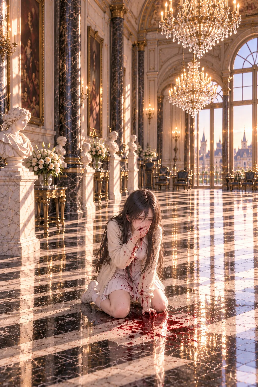In a vast white marble hall with chandeliers and tall windows, a small girl with long black hair, in a cream cardigan and white pleated skirt, kneels alone on the black-and-white floor with a hand over her mouth, blood running down her chin and pooling on the marble.
