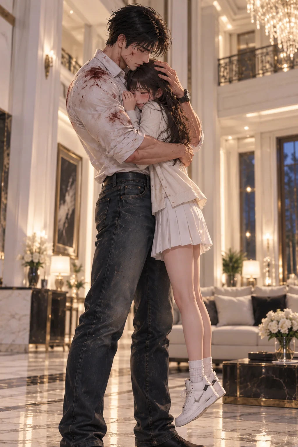 A tall young man in a white shirt spattered with blood and dark jeans stands in a white marble hall under a crystal chandelier, eyes closed, holding a small girl in a white cardigan and white pleated skirt up against his chest, one hand on the back of her head; her eyes are closed and her feet, in white socks and white trainers, dangle above the floor.