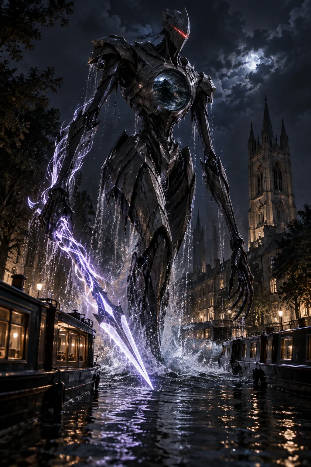At night a tall, skeletal black machine with a single red eye and a glowing glass core in its chest rises out of a canal between moored narrowboats, a violet blade in its hand, a church tower and the moon behind.
