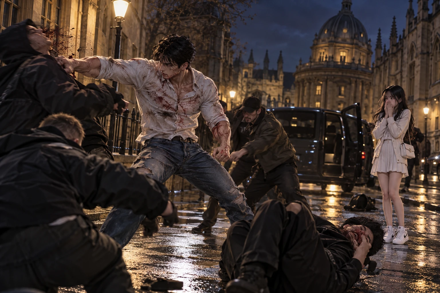 Night in Radcliffe Square, the dome of the Radcliffe Camera behind. A tall young man in a bloodied white shirt and torn jeans strikes one attacker while others lie on the wet cobbles; a small girl in a white cardigan and pleated skirt stands by a dark van with her hands over her mouth.