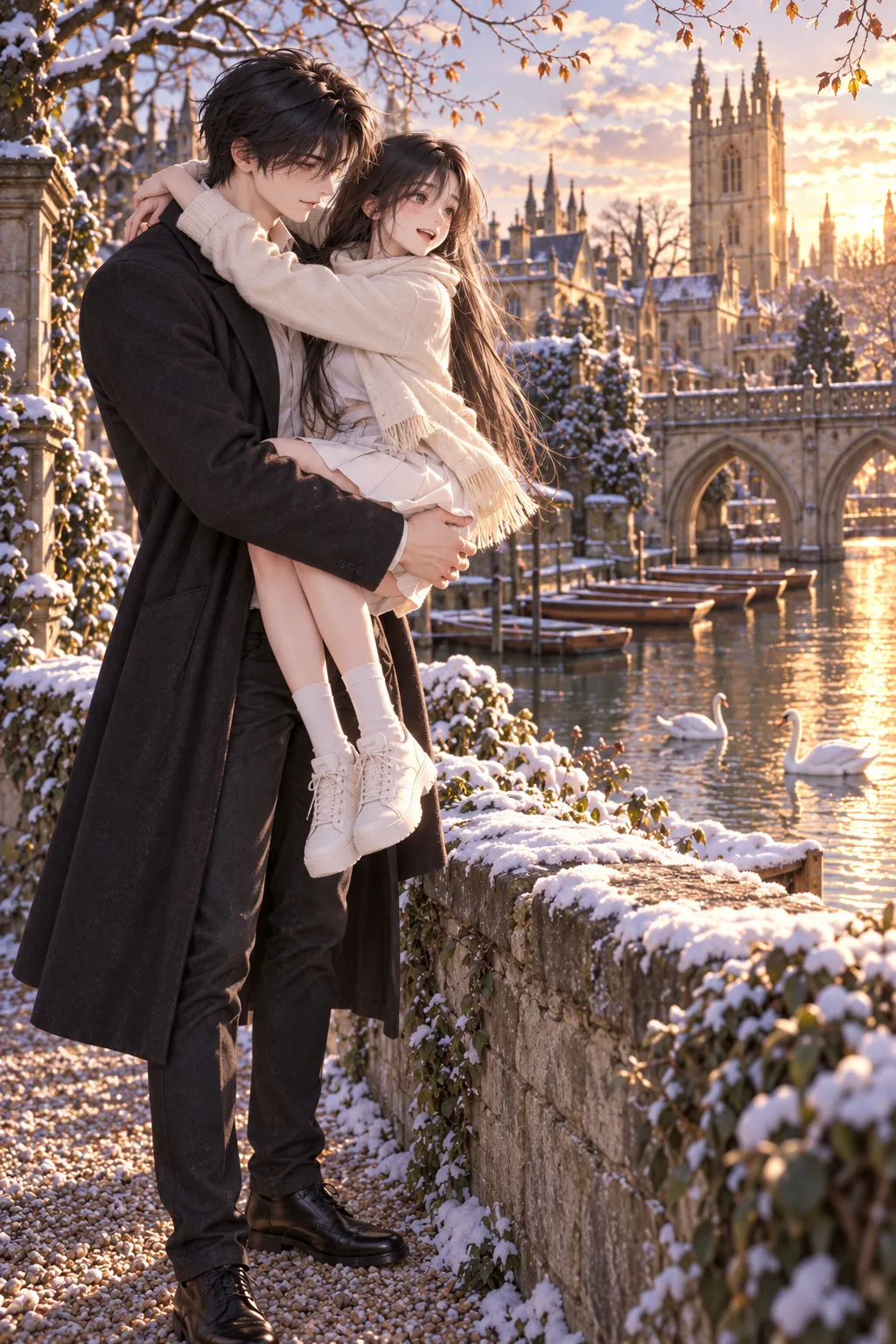 On a frosted garden path beside a low stone wall, a tall young man in a dark overcoat holds a small girl in a cream coat and scarf up against him so she can see over the wall; she is laughing, arms round his neck, white trainers dangling, with a river, swans, moored punts and a college tower in the low gold sun behind.