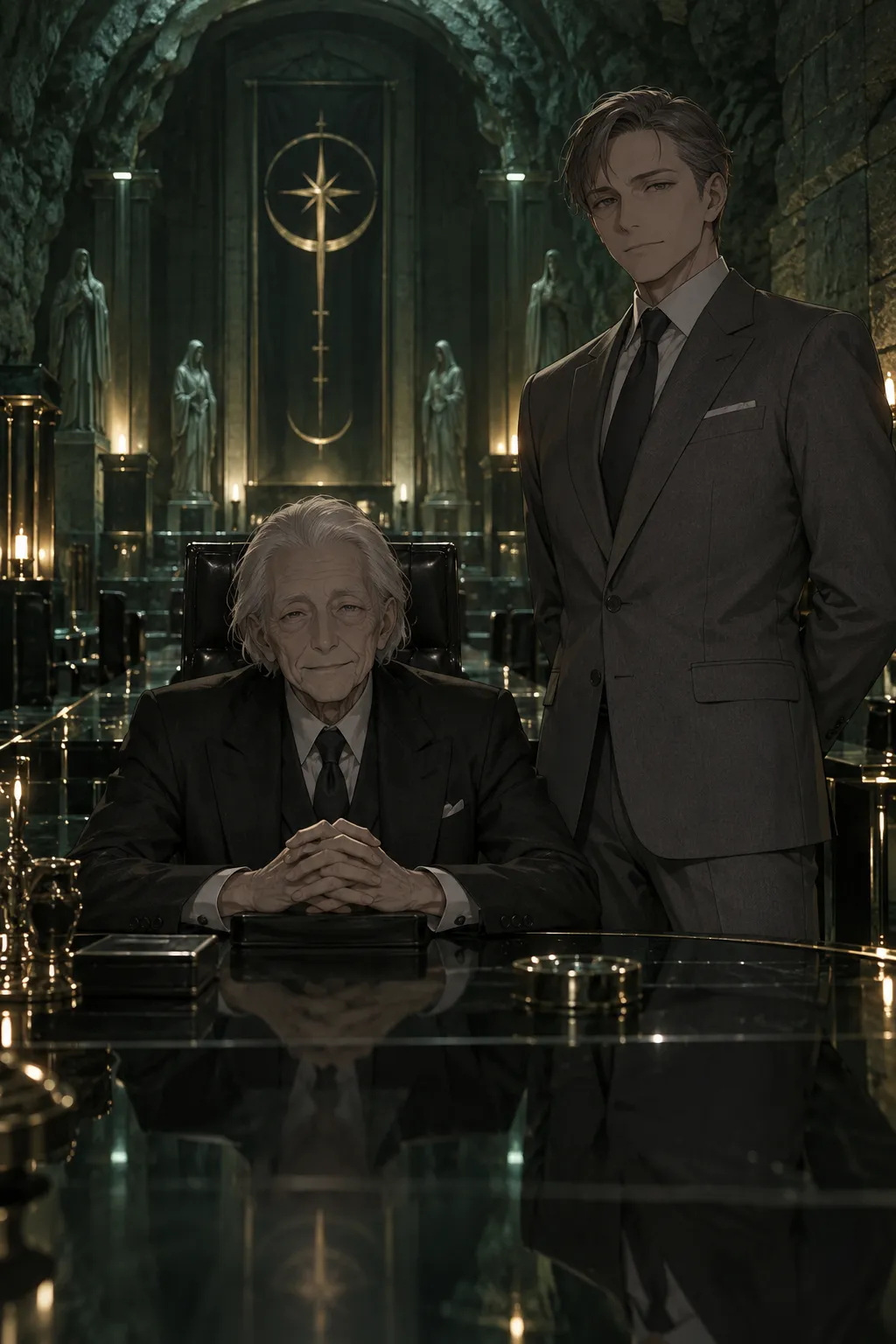 In a vaulted rock chapel lit by green lamps, a smiling white-haired old man in a black suit sits with folded hands at a long black-glass table; a tall grey-haired man in a grey suit stands at his shoulder, and hooded stone statues line the wall behind them.
